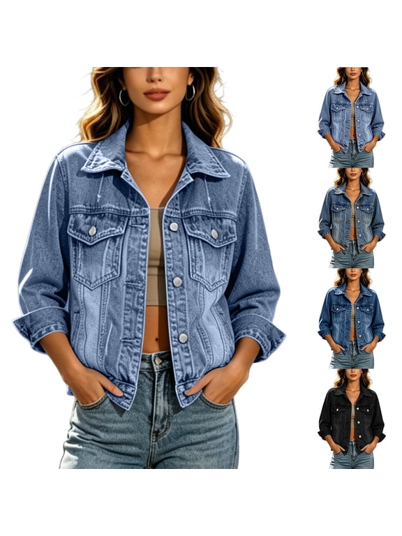 Women's Classic Denim Jacket Trendy Button Down Lapel Jean Jacket Casual Long Sleeve Flap Chest Pockets Daily Outerwear