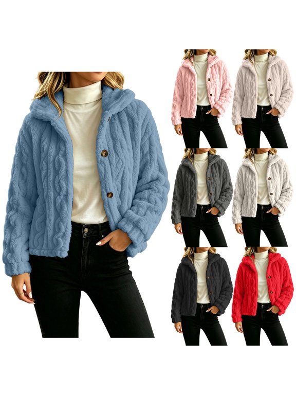 Women's Cropped Cable Plush Fleece Cardigan Casual Stand Collar Button Front Long Sleeve Coat Daily Warm Outer Jacket