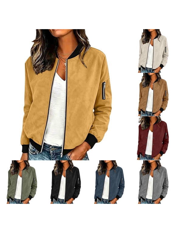 Women's Faux Suede Bomber Jacket Casual Stand Collar Full Zip Coats Trendy Long Sleeve Daily Outerwear for Women