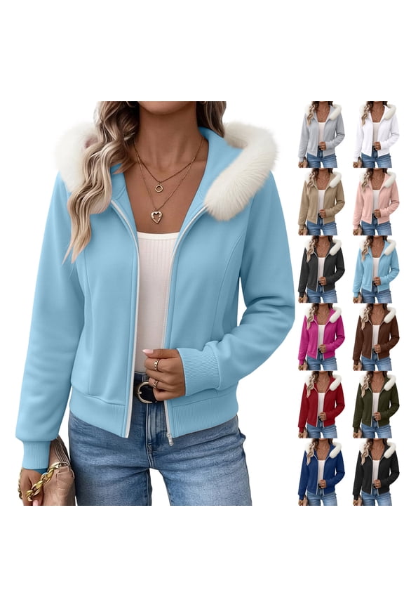 Women's Fleece Zip Up Hoodie Jacket Casual Faux Fur Trim Bomber Jacket Long Sleeve Loose Fit Coat with Flap Pockets for Fall Winter