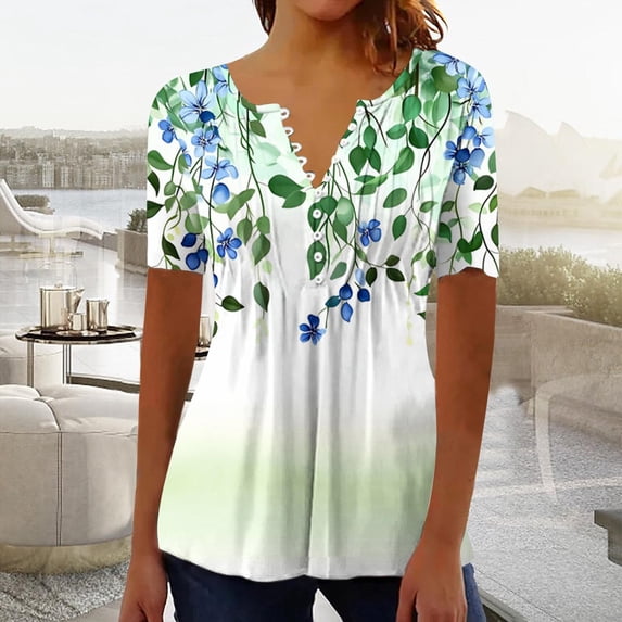 Thousandth Women's Henley Short Sleeve Blouses Plus Size Summer Tops Floral Print Casual Tunic Tops Breathable Loose Fit V-Neck Pullover with Buttons Pleated