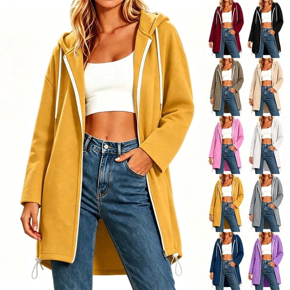 Thousandth Women's Long Hooded Zip Sweatshirt Coat Casual Side Slit Fleece Lined Mid Length Hoodie Jacket Winter Warm Loose Fit Outerwear