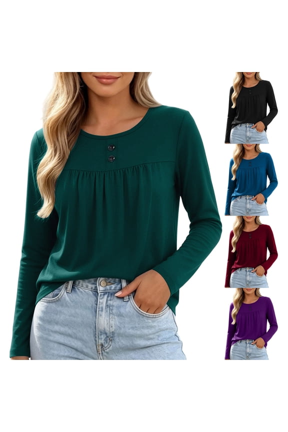 Women's Long Sleeve Tops Plus Size Gathered Round Neck Stretchy Tees Comfortable Loose Tunic Shirt Versatile Commuter Spring Fall Everyday Wear