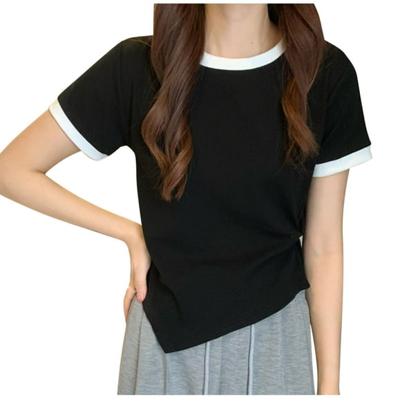 Thousandth Women's Loose Contrast Trim Crew Neck Summer T-Shirt Casual Twist Front Cropped Fit Short Sleeve Top