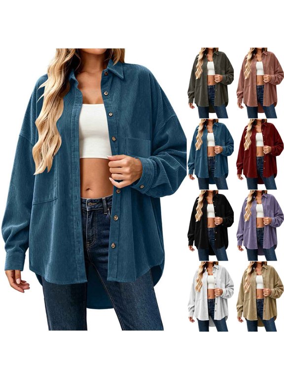 Women's Oversized Corduroy Jacket Casual Lapel Collar Button Down Coat Loose Fit Long Sleeve Fall Layering Outer Coat