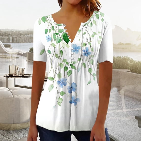 Thousandth Women's Plus Size Summer Blouses Casual Floral Print Short Sleeve Henley Blouses Breathable Loose Fit V-Neck Tunic Tops with Buttons Pleated