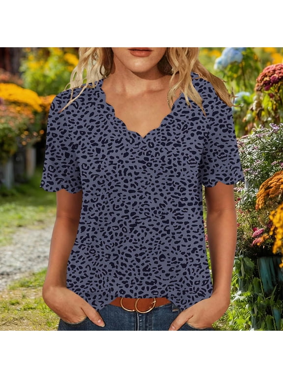 Women's Scallop V Neck Tees Casual Plus Size Wave Edge Cuff Loose Fit Trendy T-Shirts Daily Night Out Blouse Shirts