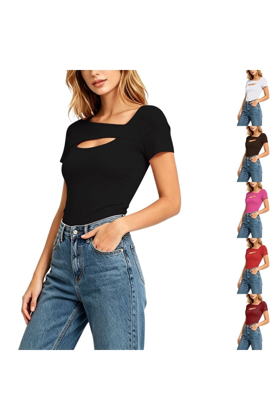 Women's Square Neck T-Shirt Summer Plain Cutout Tees Short Sleeve Fitted Tops Silm Fit Pullover Casual Solid Color Basic Blouse