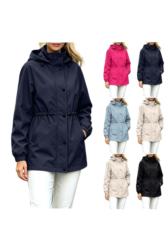 Women's Stand Collar Hooded Rain Jacket Cinched Waist Waterproof Windbreaker Raincoat Casual Outdoor Coat with Pockets