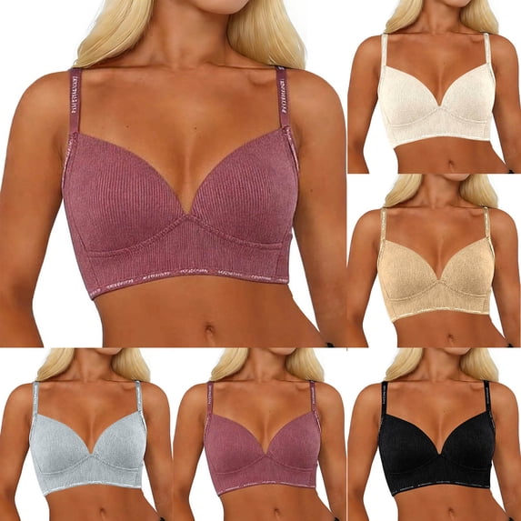 Thousandth Women's V-Neck Wireless Bra Breathable Plain Push Up Bra Ribbed Comfort Support Bralette Everyday Underwear with Adjustable Straps