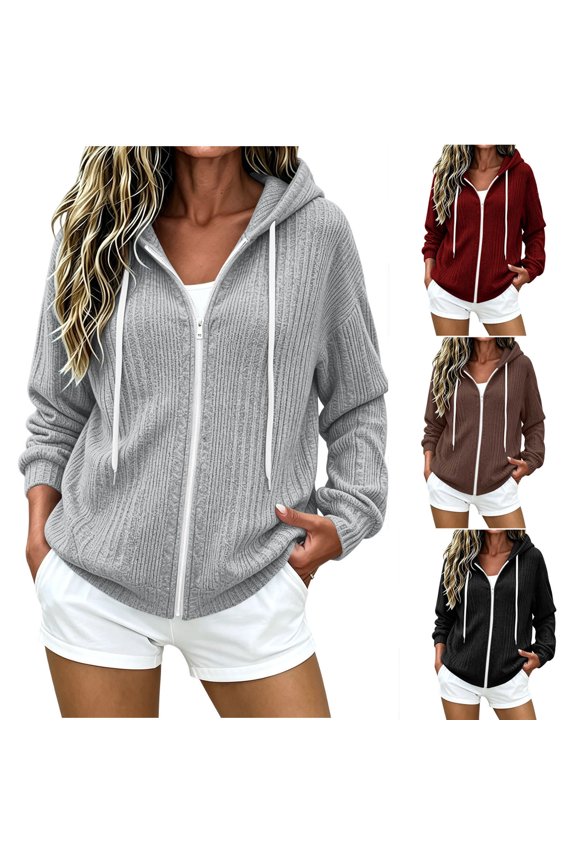 Women's Vertical Rib Knit Zip Up Hooded Jacket Casual Drawstring Long Sleeve Loose Fit Coat Oversized Fall Daily Layering Top