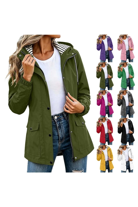 Women's Waterproof Rain Jacket Plus Size Hooded Lightweight Raincoat Long Sleeve Windbreaker Packable Outdoor Raincoat with Pockets
