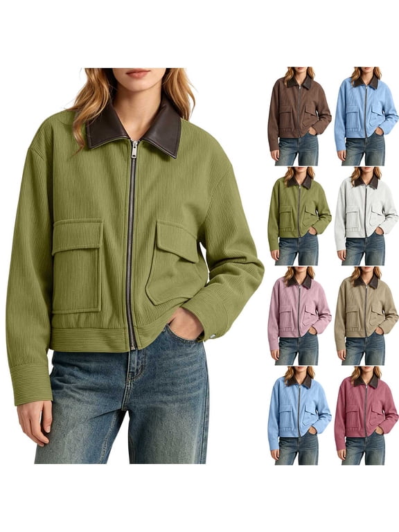 Women's Zip up Bomber Jacket Lightweight Contrast Collar Casual Outerwear with Pockets Coat Baseball Jacket Long Sleeved Jacket Coat