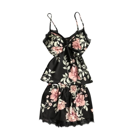 Thousandth Womens Comfortable PJs Floral Print Satin Summer Pajama Set Adjustable Breathable Spaghetti Strap Cami Top with Shorts Loungewear Sleepwear