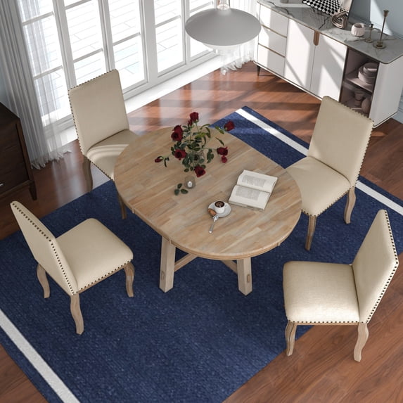 Thowdee 5 Piece Adult Farmhouse Wood Extendable Dining Table with Chair Natural Wood Wash