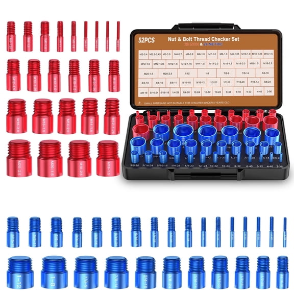 52pcs Nut and Bolt Thread Checker 28 SAE, 2-56 to 1"-12 & 24 Metric Box Set Thread Gauge, Nut and Bolt Identifier Gauge Suitable for Size Checker of Bolts or Nuts in Narrow Areas