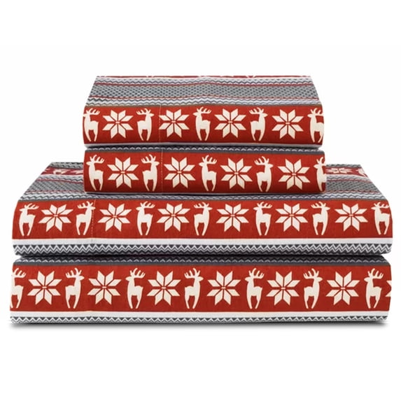 100% Cotton Double Brushed Flannel Sheet Set - 170 GSM Heavyweight, Deep Pockets, Pre-Shrunk & Anti-Pill, All Around Elastic – Queen - Deer Red