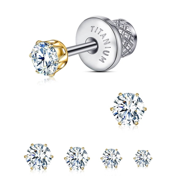 Thread Flat Back Stud Earrings,Titanium Hypoallergenic Earrings for Women Men, F136 6 Prong Cubic Zirconia Gold Stud Earrings,3mm
