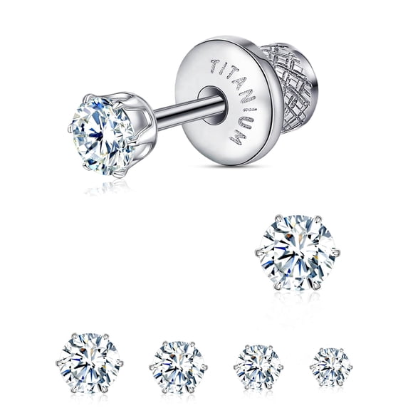 Thread Flat Back Stud Earrings,Titanium Hypoallergenic Earrings for Women Men, F136 6 Prong Cubic Zirconia Silver Stud Earrings,3mm