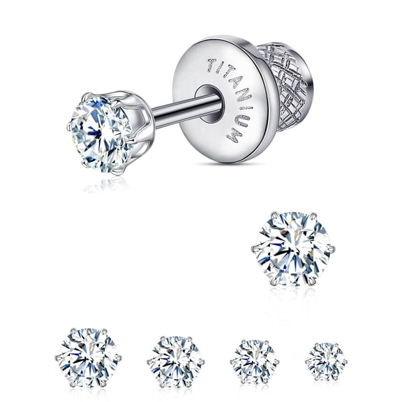 Thread Flat Back Stud Earrings,Titanium Hypoallergenic Earrings for Women Men, F136 6 Prong Cubic Zirconia Silver Stud Earrings,3mm
