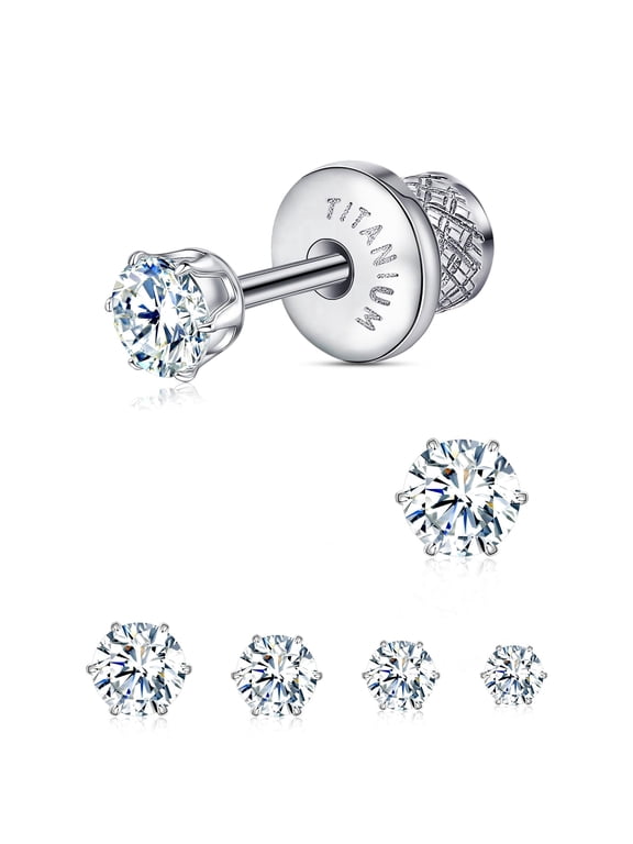 Thread Flat Back Stud Earrings,Titanium Hypoallergenic Earrings for Women Men, F136 6 Prong Cubic Zirconia Silver Stud Earrings,3mm