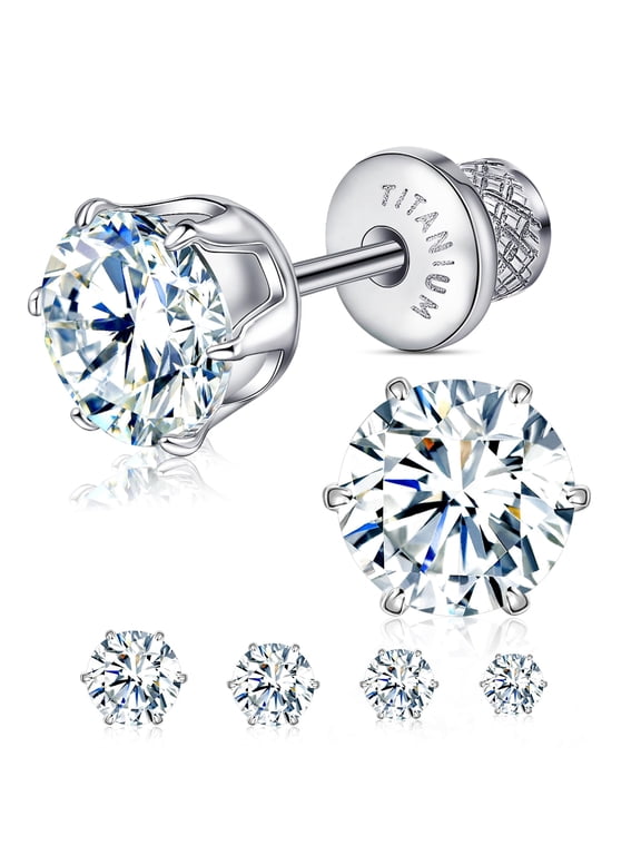 Thread Flat Back Stud Earrings,Titanium Hypoallergenic Earrings for Women Men, F136 6 Prong Cubic Zirconia Silver Stud Earrings,6mm