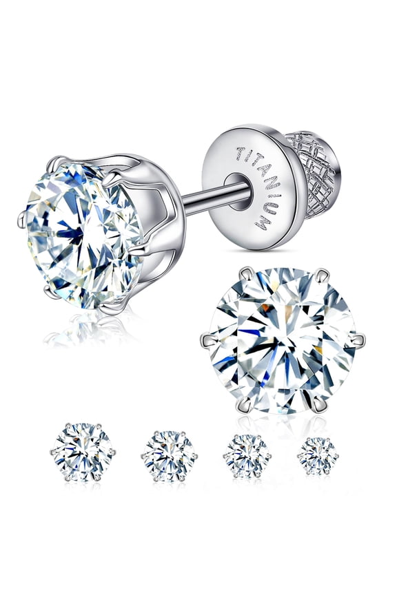 Thread Flat Back Stud Earrings,Titanium Hypoallergenic Earrings for Women Men, F136 6 Prong Cubic Zirconia Silver Stud Earrings,6mm