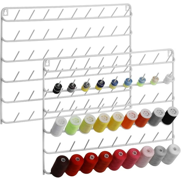 Thread Holder Wall Mount 54 Spools Sewing Thread Rack Embroidery Thread Organizer Rack Sewing Thread Holder White with Hanging Tools for Quilting Braiding Hair Metal 2 Pack