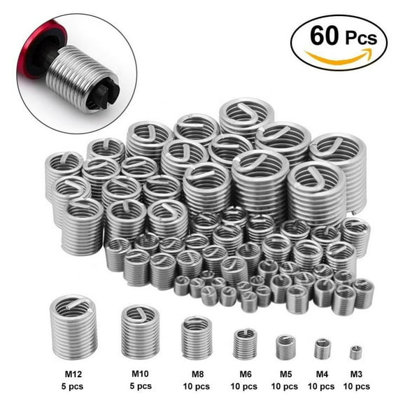 Thread Repair Insert, 60pcs Stainless Steel Thread Repair Kit M3 M4 M5 M6 M8 M10 , Thread Repair Kit