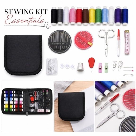Thread Repair Kit, Hand Sewing Kit with Stainless Steel Needles, Small Sewing Kit for On-The-Go Use, Sewing Supplies and Accessories Bundle, 5X5 Inch Compact Sewing Box Holding