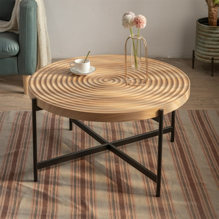 Thread Round Coffee Table Retro End Table Leisure Tea Table with MDF Wood Table Top Cross Legs Metal Base 33 Modern Wooden Circle Cocktail Table for Living Room Easy to Assemble