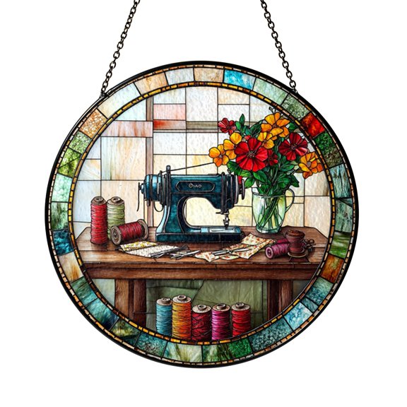 Thread Spools Sewing Machine Stained Glass Window Suncatcher, Quilter Art Hanging for Creative Spaces