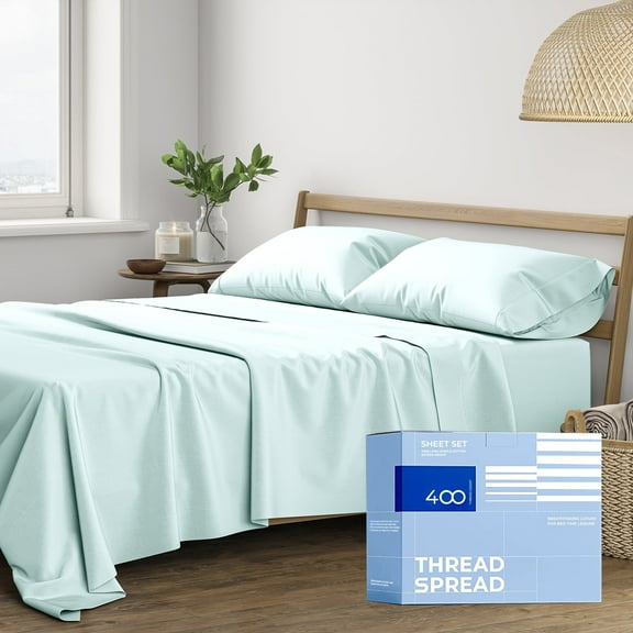 Thread Spread 100% Cotton Bed Sheets Twin XL Set - 400 Thread Count Cotton Twin XL Sheets Only, 3 PC Set (Sea Foam), Soft, Breathable, Cooling, Sateen Weave 16" Deep Pocket Bedsheet for Hot Sleepers