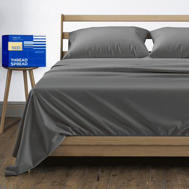 THREAD SPREAD 100% Egyptian Cotton Sheets California King Size - 1000 High Thread Count, Luxury 5-Star Hotel 4 PC Sateen Dark Grey Cali King Sheets, Extra Long Staple 16" Deep Pocket Bed Sheet Sets