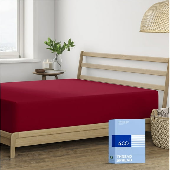THREAD SPREAD 100% Cotton Full Size Fitted Sheet Only - 400 Thread Count 16" Deep Pocket Full Size Fitted Sheet, Soft Cooling Durable Sateen Weave No Pop-Off Elastic Bottom Sheet for Adults - Burgund