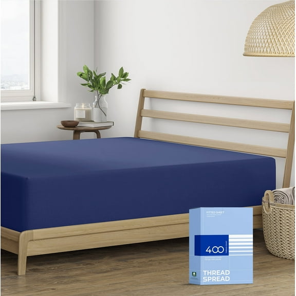 THREAD SPREAD 100% Cotton Full Size Fitted Sheets - 400 TC 16" Deep Pocket Cotton Fitted Sheet (1 PC, Navy Blue), Soft, Sateen Hotel Bottom Sheet