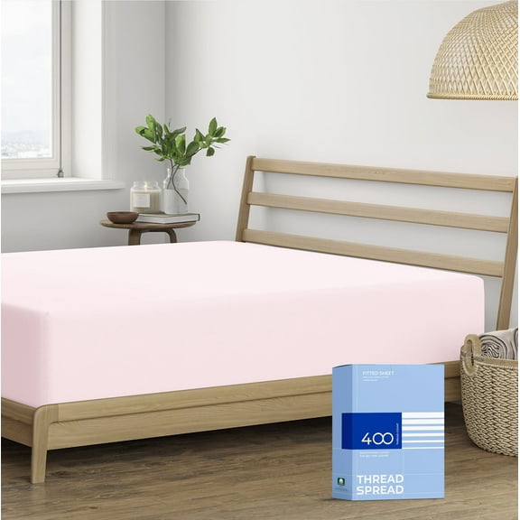 Thread Spread 100% Cotton Queen Fitted Sheet Only - 400 Thread Count Cotton Fitted Sheet Queen, Luxuriously Soft, Durable, Cooling 16" Deep Pocket Sateen Weave Bottom, Luxury Hotel Quality - Blush