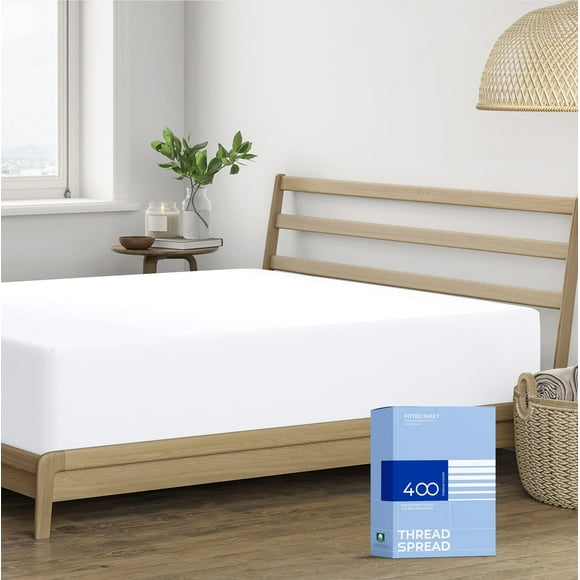 Thread Spread 100% Cotton Queen Fitted Sheet Only - 400 Thread Count Cotton Fitted Sheet Queen, Luxuriously Soft, Durable, Cooling 16" Deep Pocket Sateen Weave Bottom, Luxury Hotel Quality - White