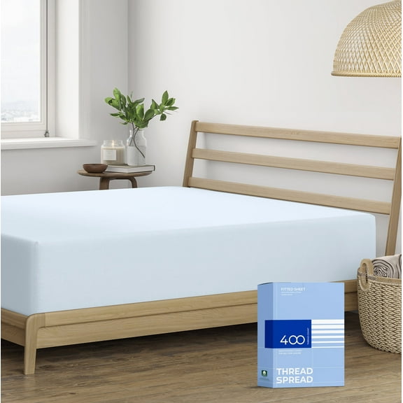 THREAD SPREAD 100% Cotton Fitted Sheet Twin Size - 400 Thread Count Egyptian 16" Deep Pocket Twin Fitted Sheet Only, Soft Cooling Sateen Weave Bottom Sheet, College Dorm Mattress, Teens - Light Blue