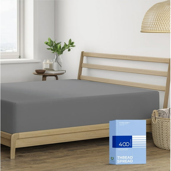 THREAD SPREAD Twin XL Fitted Sheet - 100% Cotton 400 TC 16'' Deep Pocket Cotton Fitted Sheet (1 PC, Dark Grey) Soft Cooling Sateen Hotel Bottom Sheets