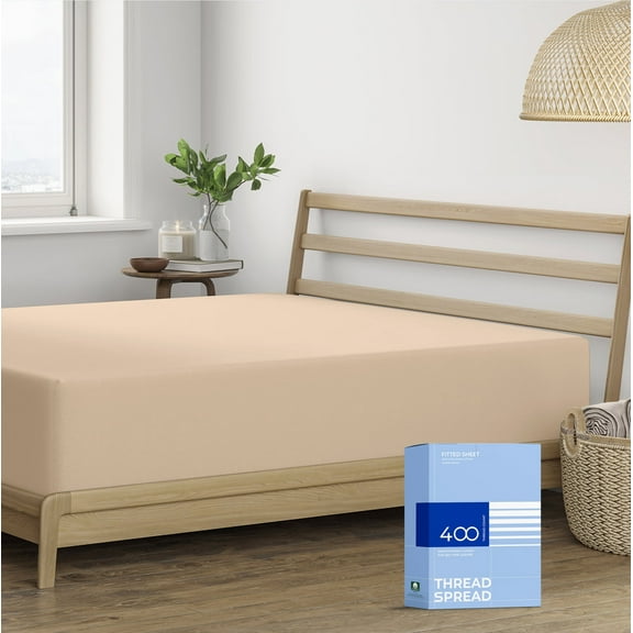 THREAD SPREAD Twin XL Fitted Sheet Only - 100% Cotton 400 Thread Count 16" Deep Pocket Fitted Sheet Twin XL, Soft Cooling Sateen Weave Durable Bottom Sheet, Fits College Dorm Mattress, Teens - Taupe