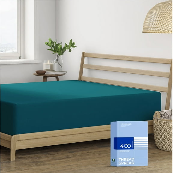 THREAD SPREAD Twin XL Fitted Sheet - 100% Cotton 400 TC 16'' Deep Pocket Cotton Fitted Sheet (1 PC, Teal), Soft Cooling Sateen Hotel Bottom Sheets