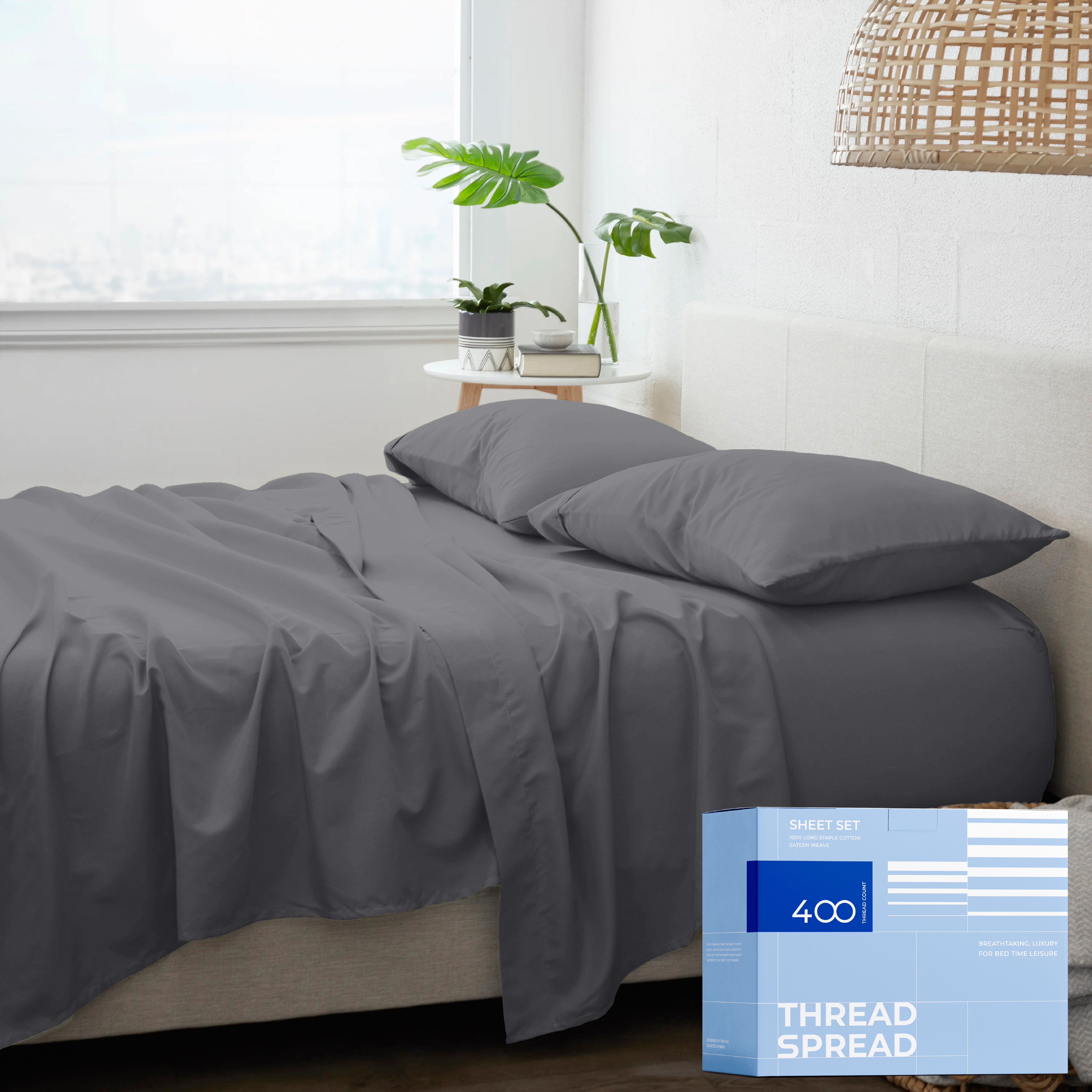 Thread Spread 100 Cotton Sheets Split King Size 400 Thread Count 4 PC Dark Grey Split King