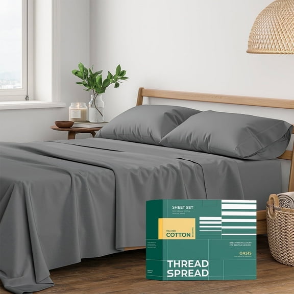 Thread Spread 100% Organic Cotton Sheets King Size - 4 PC Organic Cotton King Percale Weave Sheet Set, Soft, Cooling, Crisp & Breathable, 16" Deep Pocket Hotel Quality Bedding Set - Dark Grey