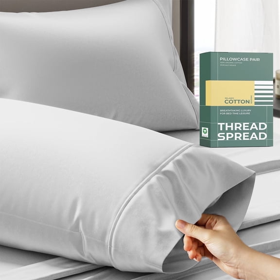 Thread Spread 100% Organic Cotton King Size Pillow Cases Set of 2 - Soft, Cooling, Crisp & Breathable Organic Cotton Percale Weave Pillowcase for King Pillow (Light Grey), Authentic GOTS Certified