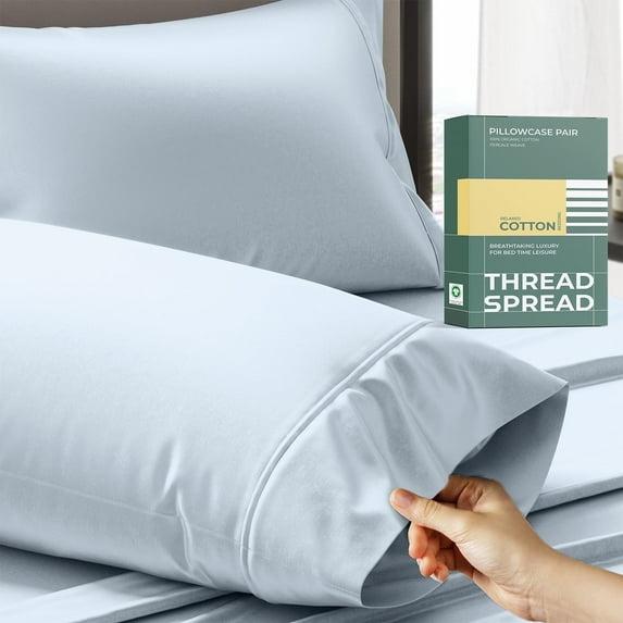 Thread Spread 100% Organic Cotton Pillow Cases Set of 2 Queen / Standard Size - Soft, Cooling, Crisp & Breathable Organic Cotton Percale Weave Pillowcase for Queen Pillow (Light Blue), GOTS Certified