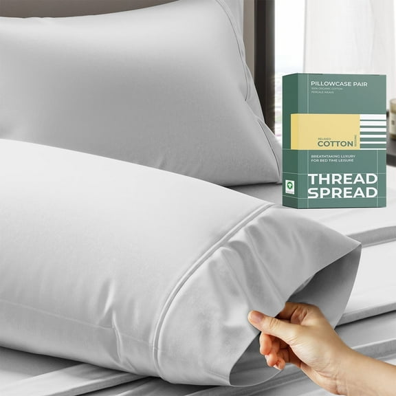 THREAD SPREAD Queen Pillow Cases Set of 2 - 100% Organic Cotton Pillowcases Queen Size - Crisp, Cooling Percale Weave Pillowcase (Light Grey)
