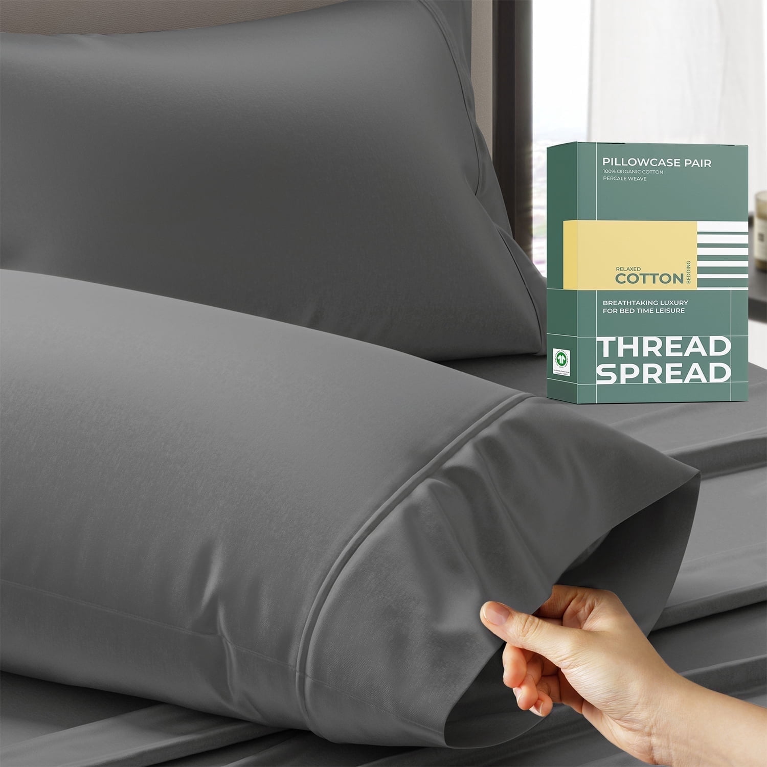 Thread Spread 100% Organic Cotton Pillow Cases Set of 2 Queen / Standard Size - Soft, Cooling, Crisp & Breathable Organic Cotton Percale Weave Pillowcase for Queen Pillow (Dark Grey), GOTS Certified