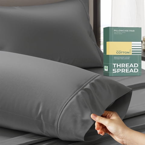 THREAD SPREAD King Size Cotton Pillow Case Set of 2 - 100% Organic Cotton Pillow Cases - Crisp, Cooling Percale Weave Pillowcases (Dark Grey)