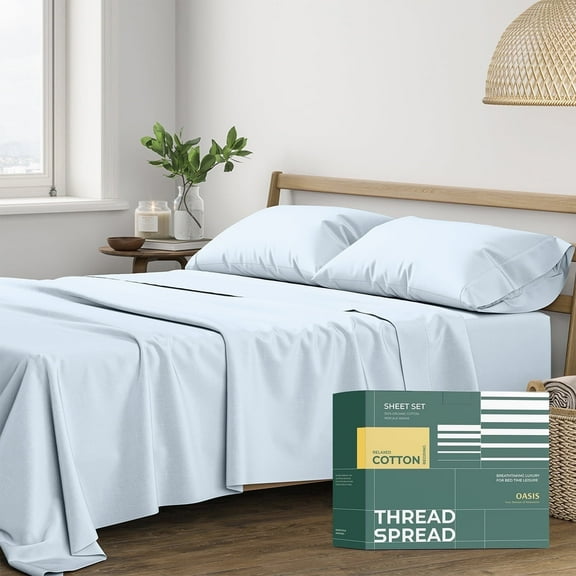 Thread Spread 100% Organic Cotton Sheets King Size - 4 PC Organic Cotton King Size Percale Weave Sheet Set, Soft, Cooling & Crisp, 16" Deep Pocket Hotel Quality Bedding Set - Light Blue